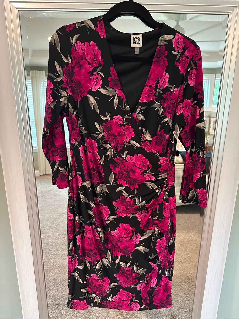 Anne Klein Black Midi Dress with Fuchsia Floral Print